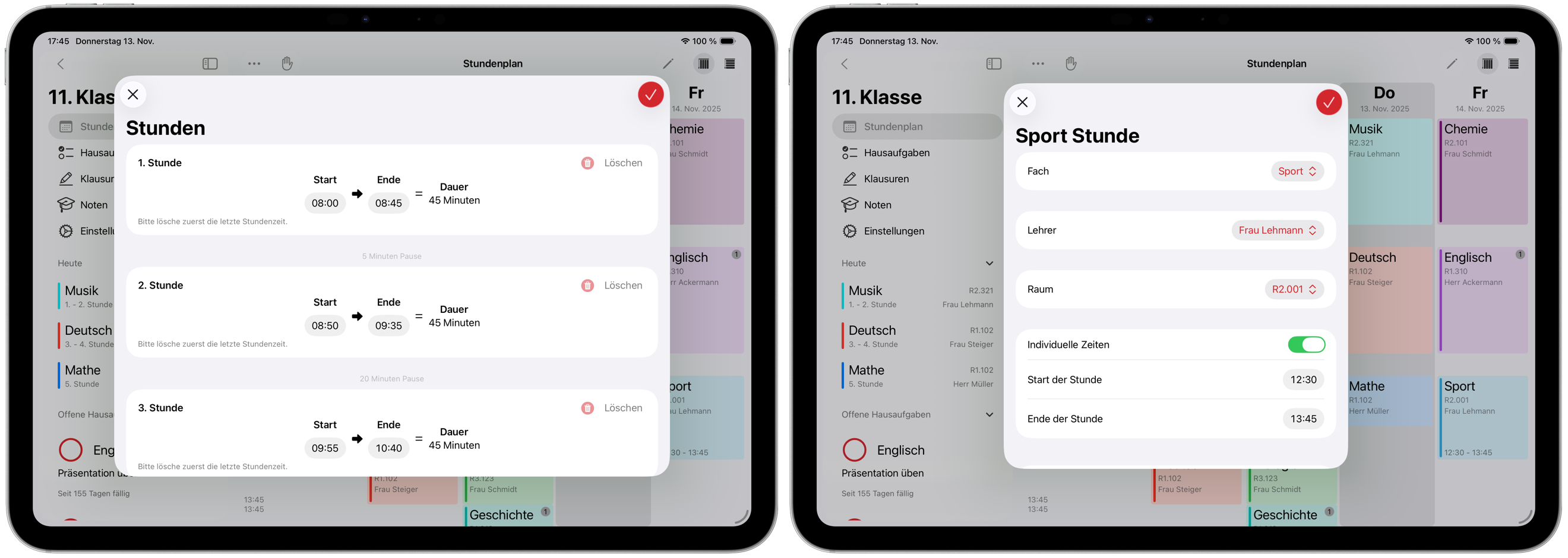 Screenshot der Stundenzeit-Einstellungen und individuellen Zeiten