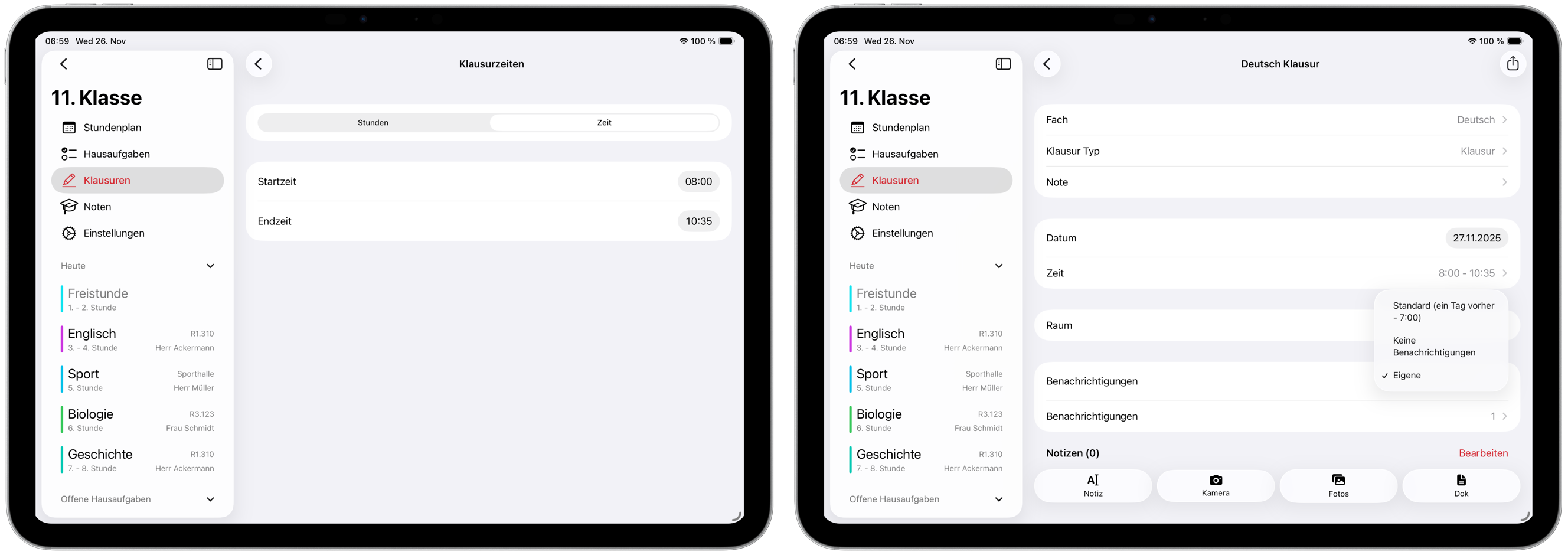 Klausur-Detailansicht mit individuellen Zeiteinstellungen und flexiblen Benachrichtigungsoptionen