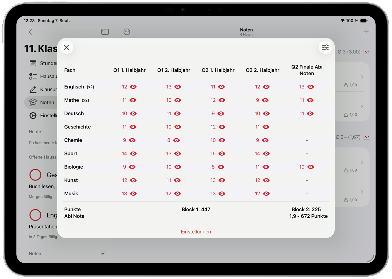 SchulPlaner Abitur-Funktion mit allen Halbjahren und Prüfungsnoten im Überblick