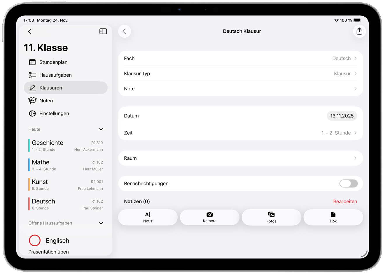 SchulPlaner Klausurplaner mit anstehenden Prüfungen und Countdown-Timer