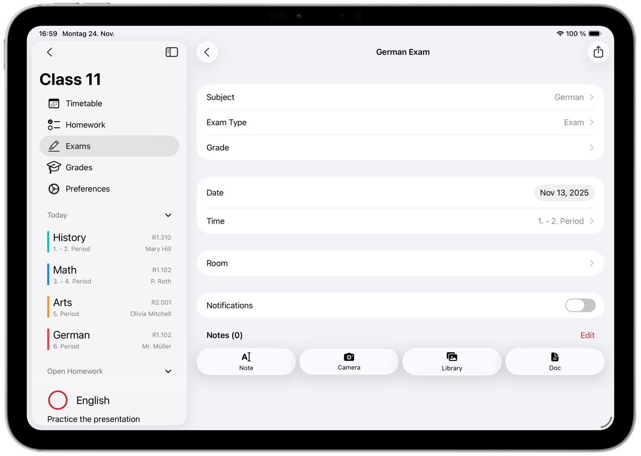 SchoolOrganizer exam planner with upcoming test schedule and countdown timers