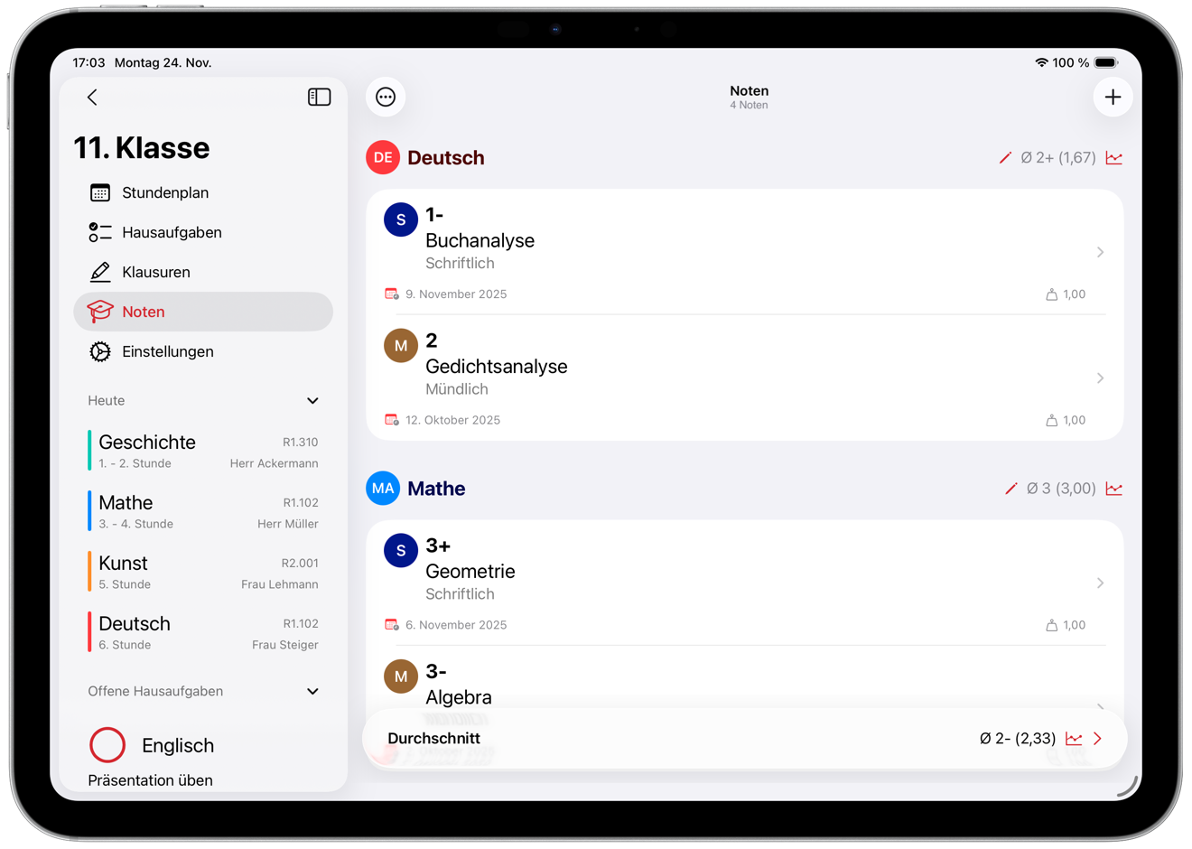 SchulPlaner Notenübersicht mit Fachleistungen, Statistiken und Diagrammen
