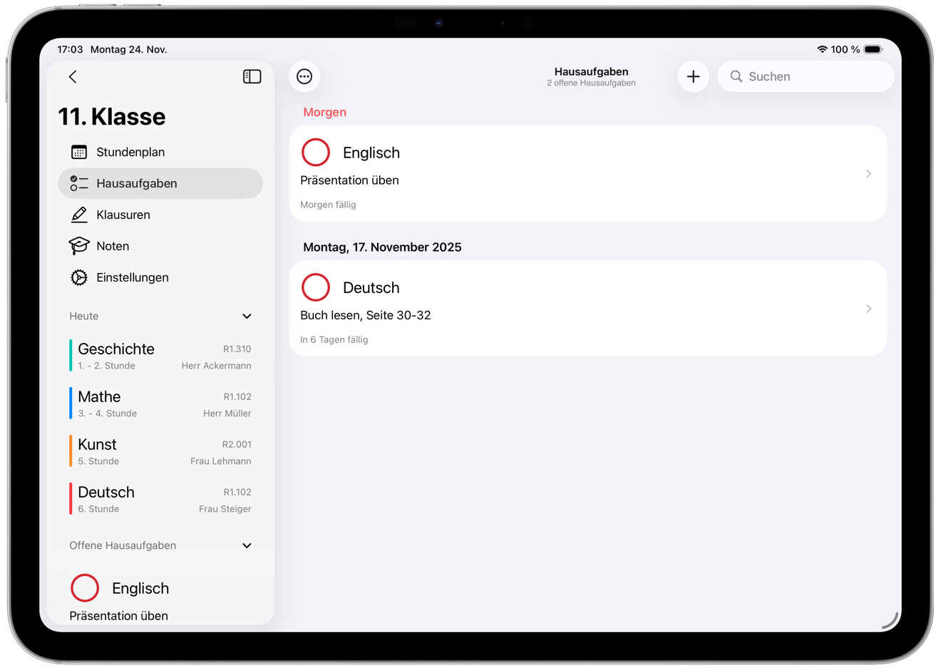 SchulPlaner Hausaufgaben-Tracker mit Fälligkeiten und Prioritätsmarkierungen