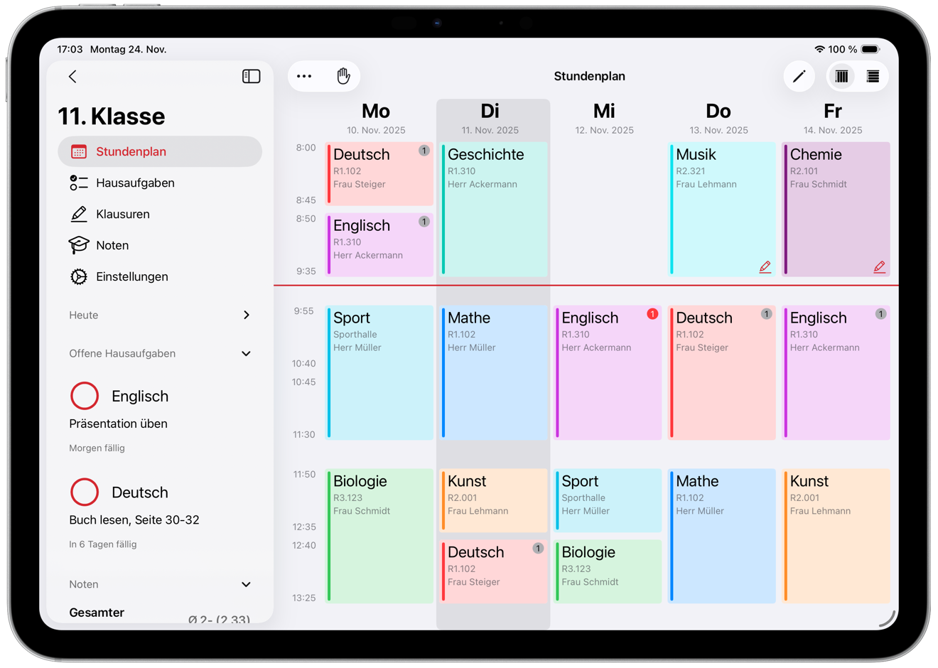 SchulPlaner iPad Stundenplan-Ansicht mit farbcodierten Fächern im Wochenüberblick