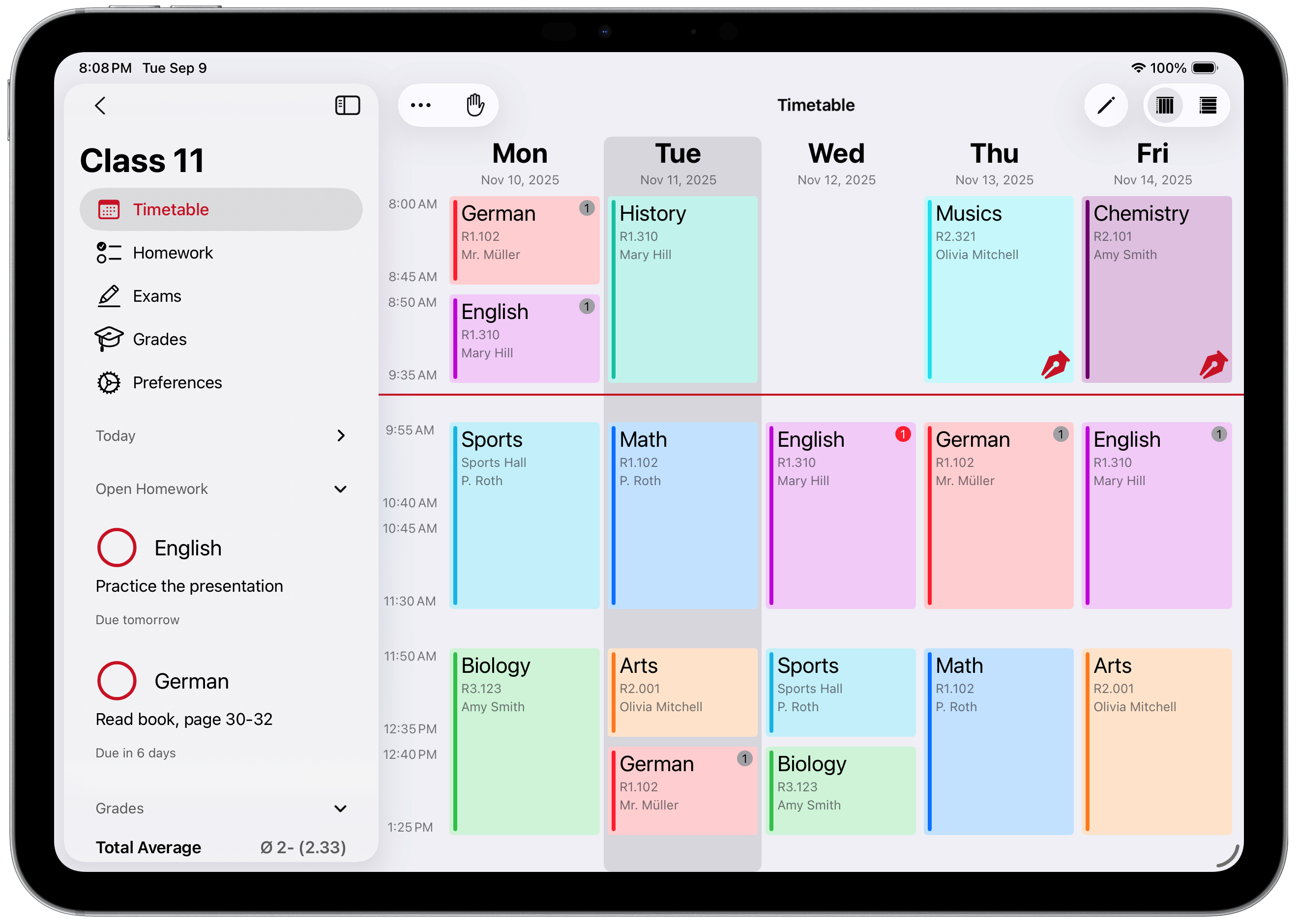 SchoolOrganizer iPad timetable view showing weekly class schedule with color-coded subjects